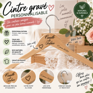 Cintre personnalisé mariage en bois gravé | Prénoms & date