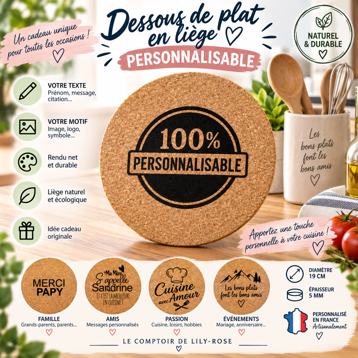 Dessous de plat en liège personnalisé gravé | Cadeau original