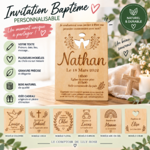 Invitation Baptême Personnalisée en Bois | Faire-Part Gravé