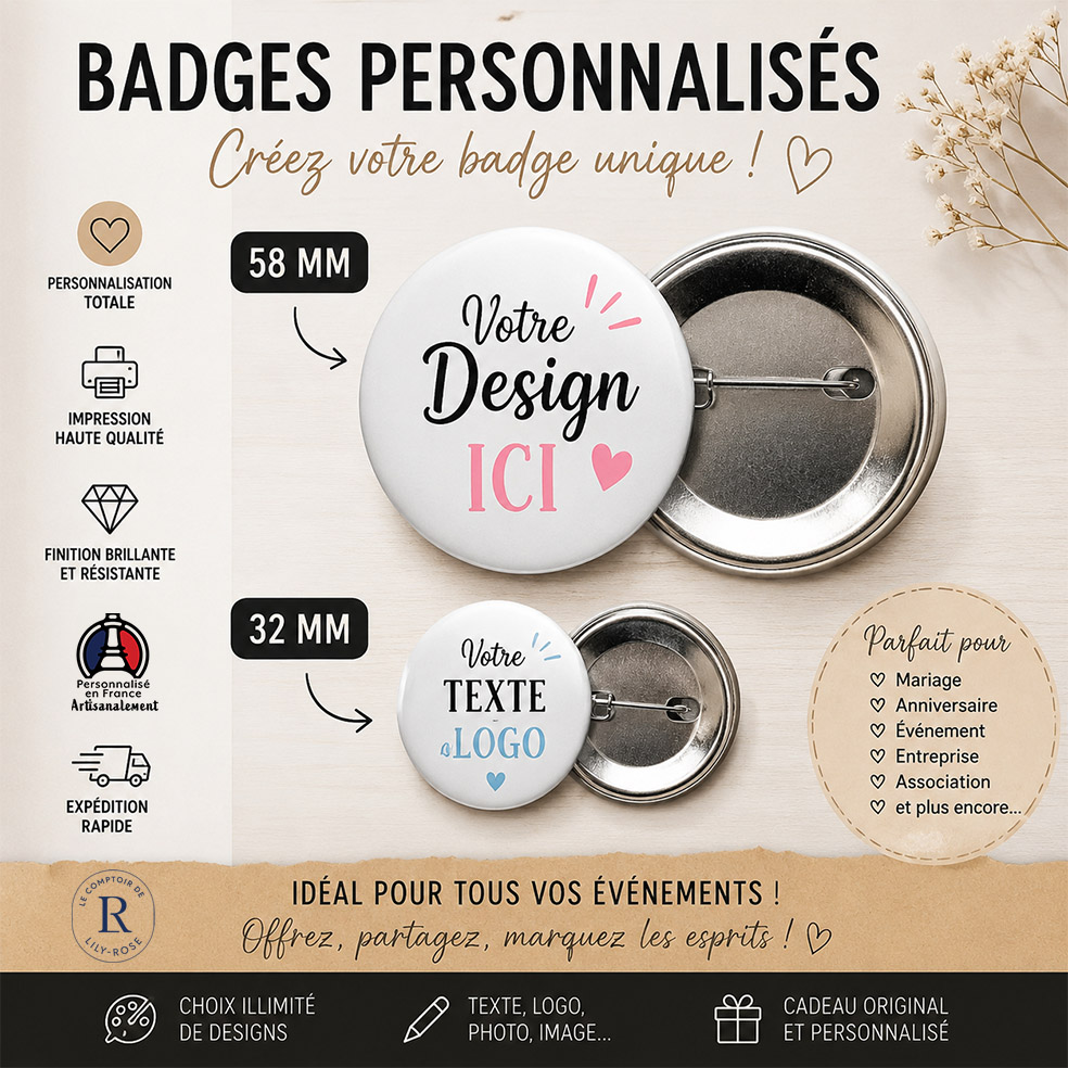 Badge personnalisé avec photo, texte ou logo | 32 mm