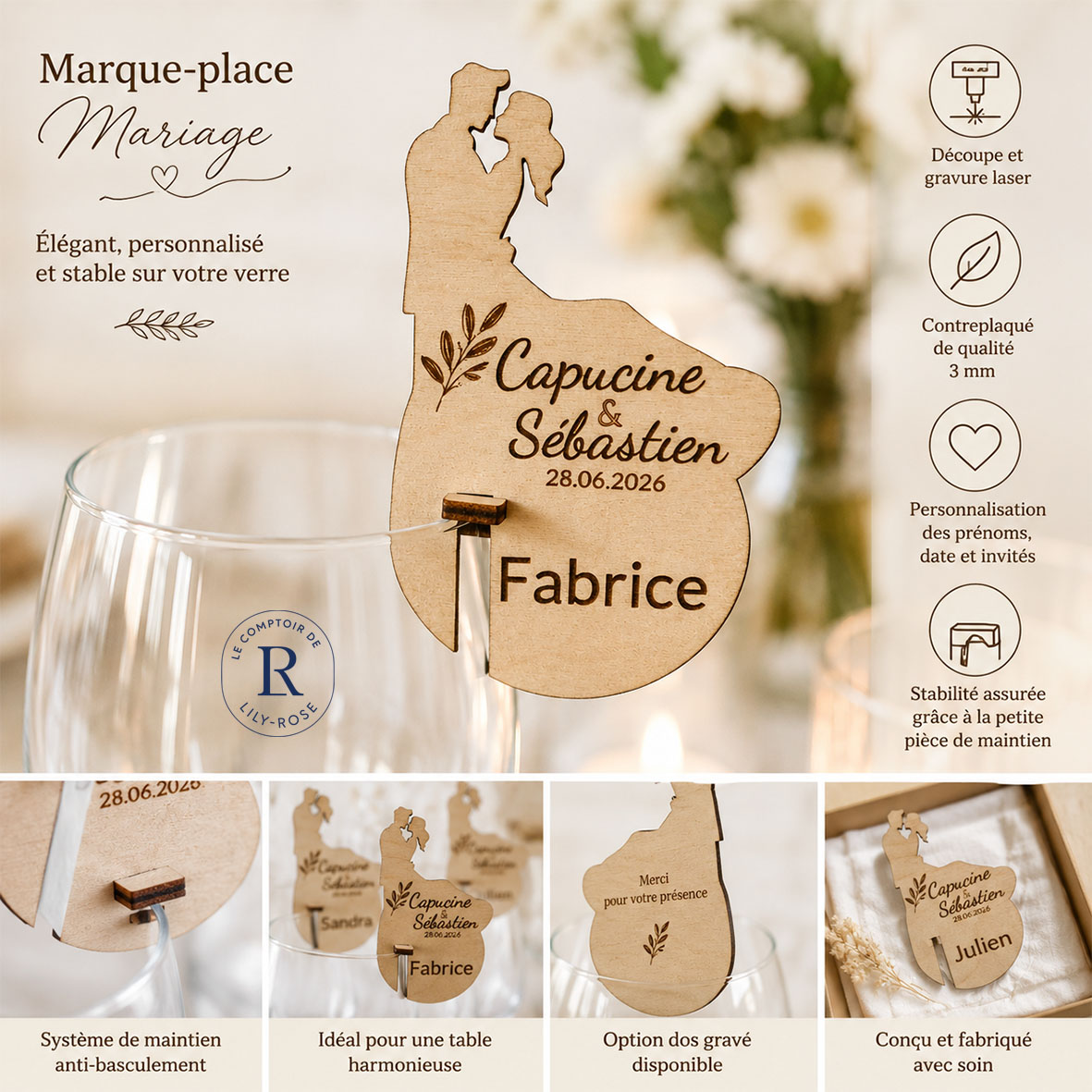 Marque-place mariage personnalisé en bois – Image 2