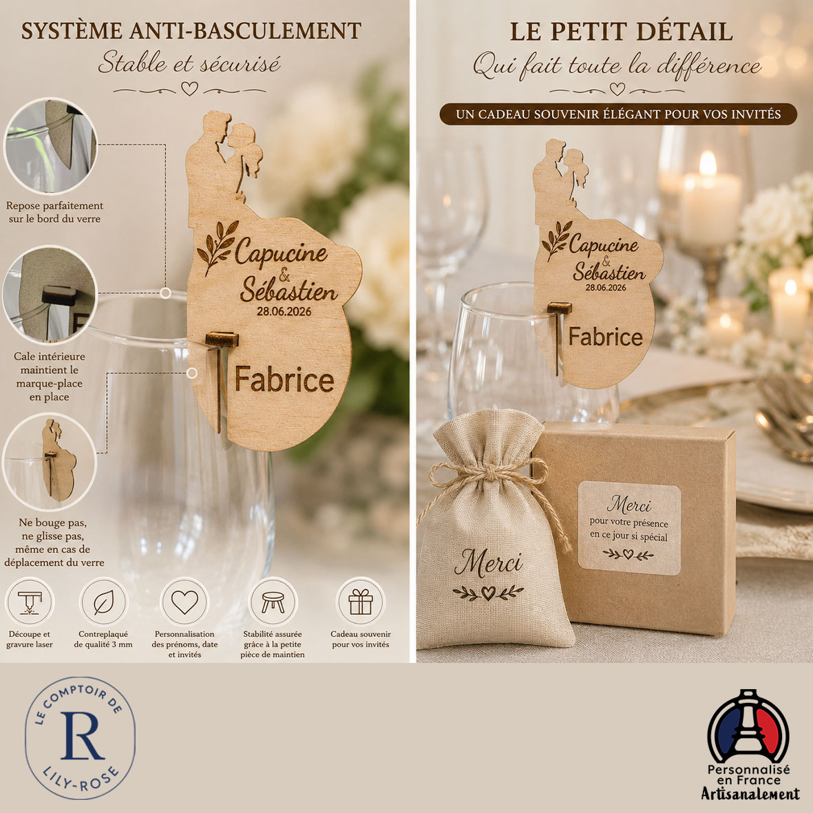 Marque-place mariage personnalisé en bois – Image 3