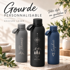 Gourde personnalisée 750 ml – Gravure laser prénom, texte ou motif – Gourde en acier inoxydable