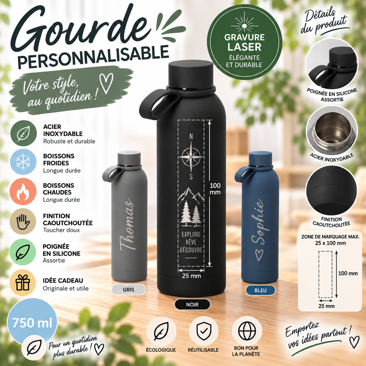 Gourde personnalisée 750 ml – Gravure laser prénom, texte ou motif – Gourde en acier inoxydable – Image 2