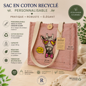 Sac tote bag personnalisé en coton recyclé – Impression photo, texte ou logo couleur – sac cabas personnalisable – Cadeau original